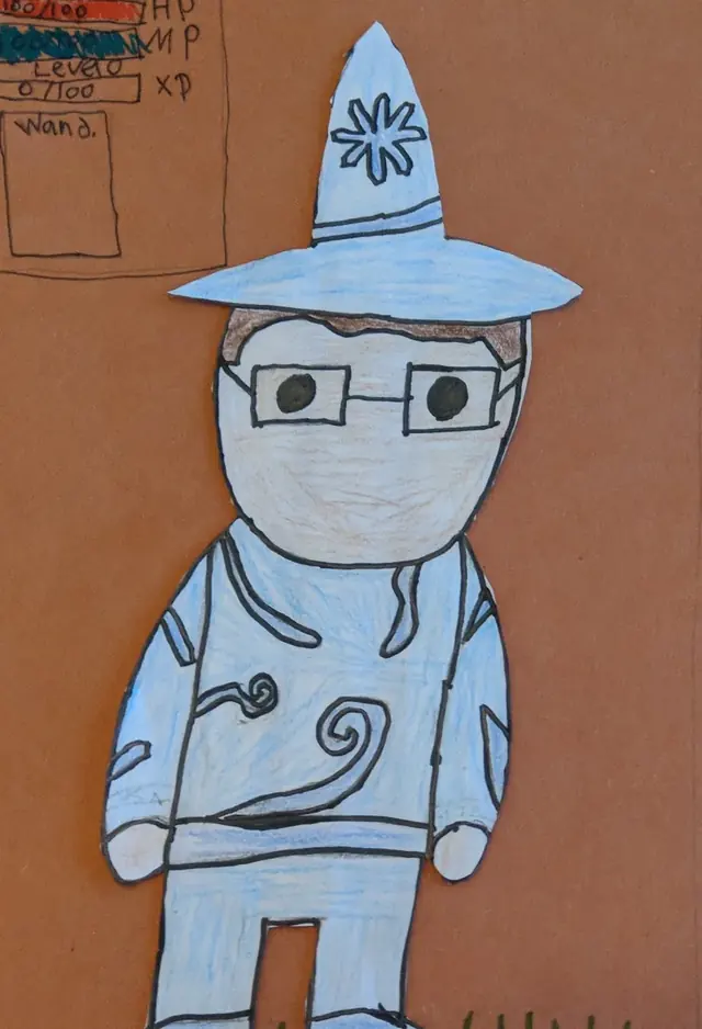 A kid's crayon drawing of a wizard with glasses and a pointy hat