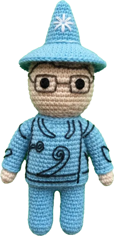The drawing, now a crocheted guide, walking around